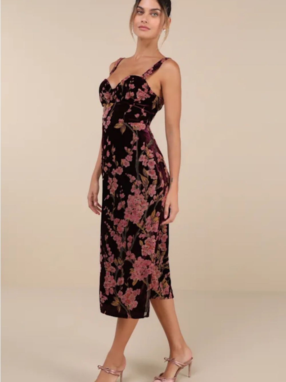 NWT Floral Burnout Velvet Midi Lace-Up Dress in Dark Plum and Pink